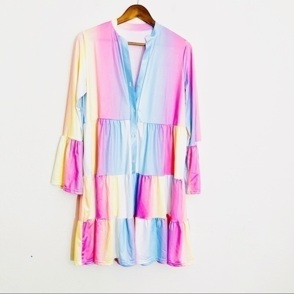 Long Sleeve Pastel Rainbow Dress - Size Small - Fits Like a Medium to Large